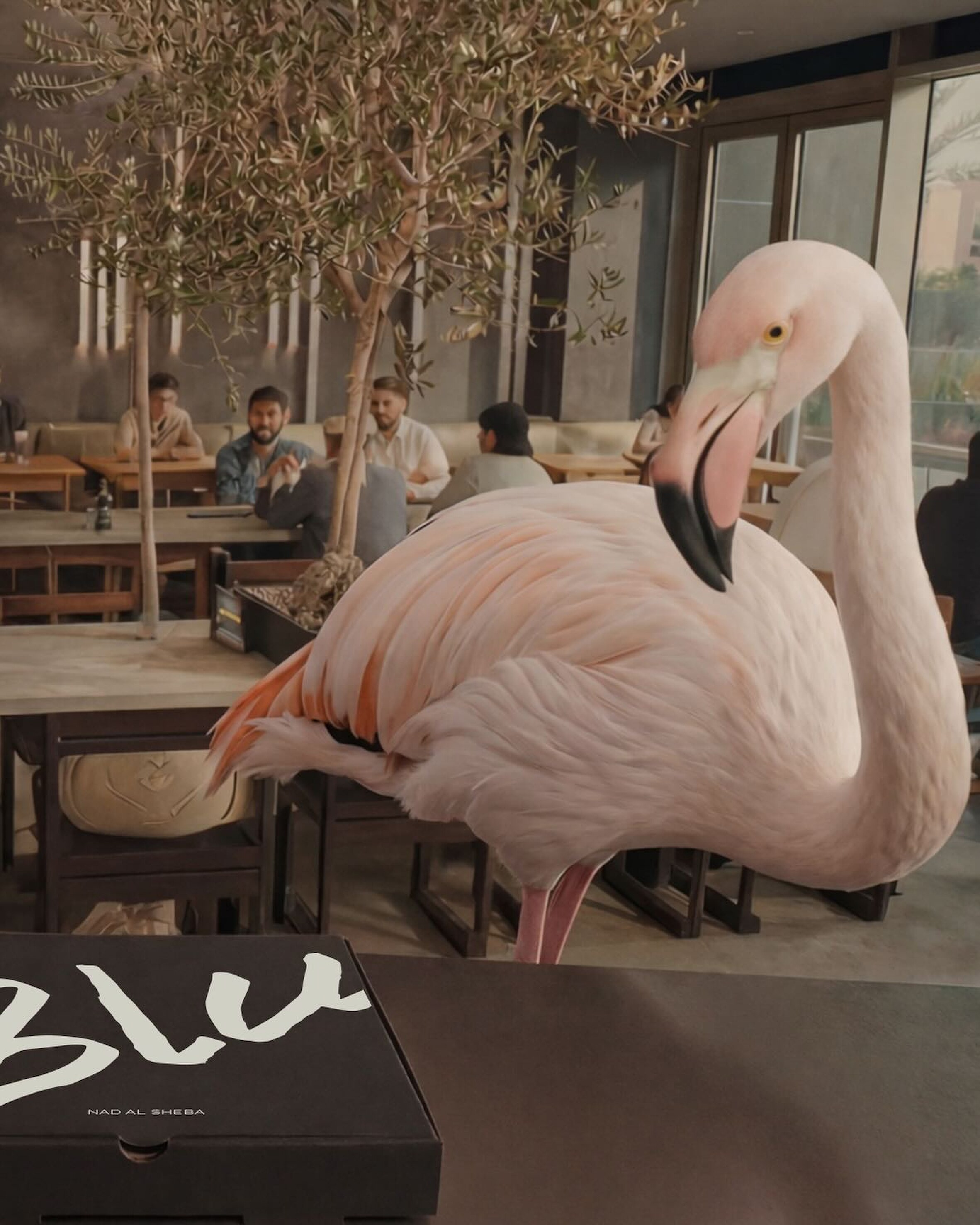 A flamingo wandering the Blu dining room