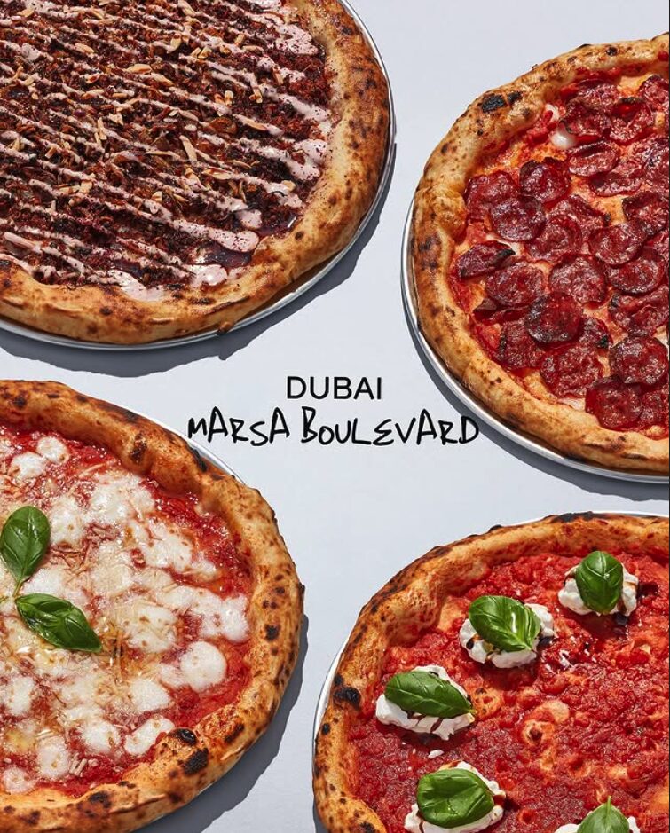 Four pizzas photographed for the Marsa Boulevard opening, Dubai